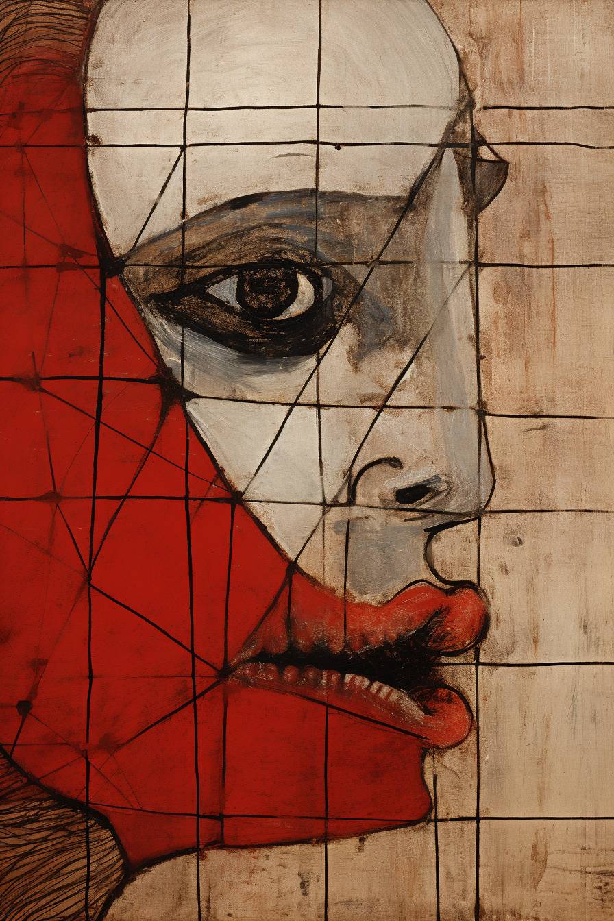 A painting by Pablo Picasso made of steel plates and iron wire, depicting a woman kissing. Red --chaos 15 --aspect ratio 2:3 --V 5.2