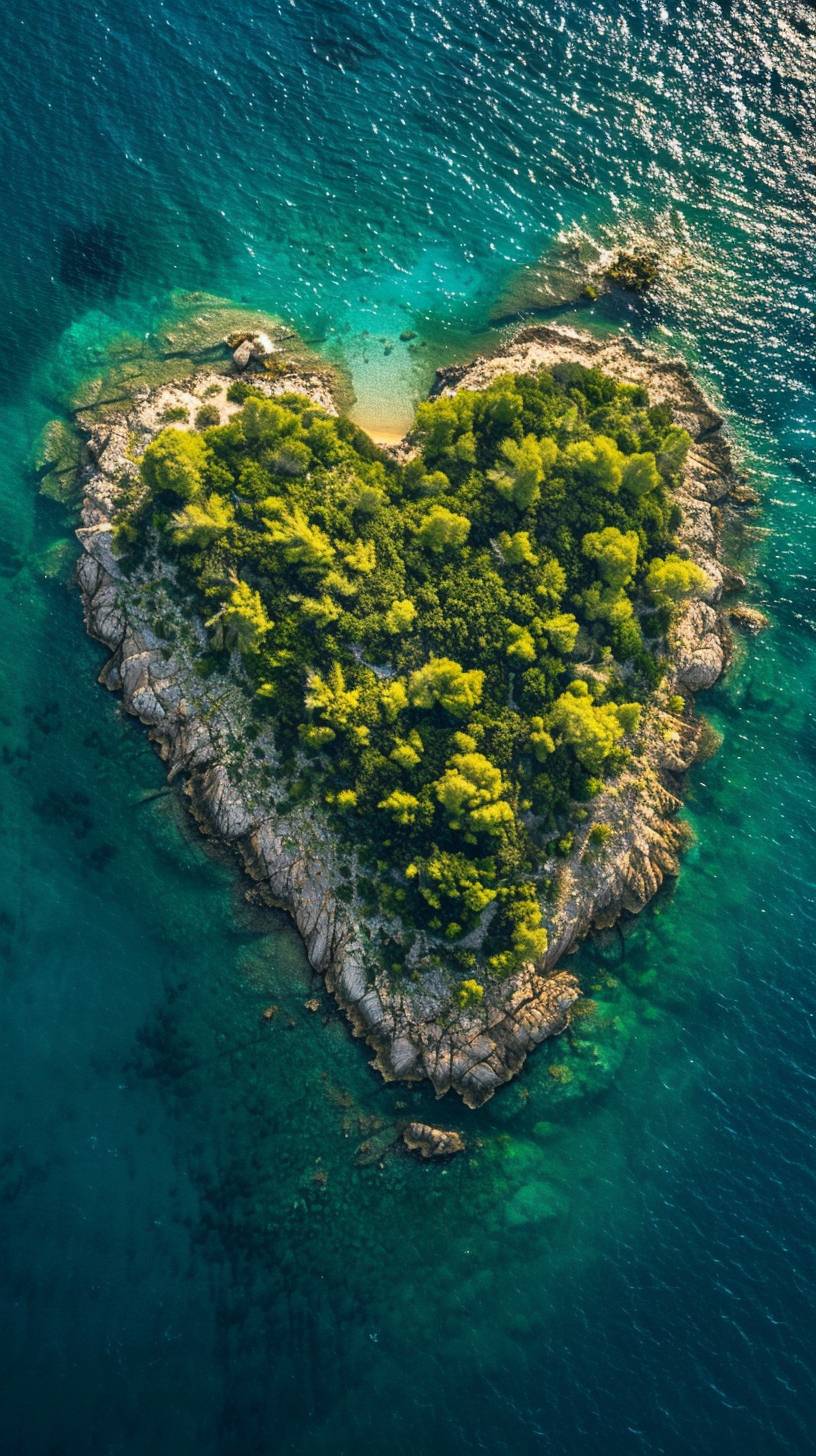 A beautiful heart-shaped island viewed from an aerial perspective can evoke a sense of wonder and romance: Galesnjak Island, located near Zadar, Croatia. This uninhabited island has a remarkably perfect heart shape.