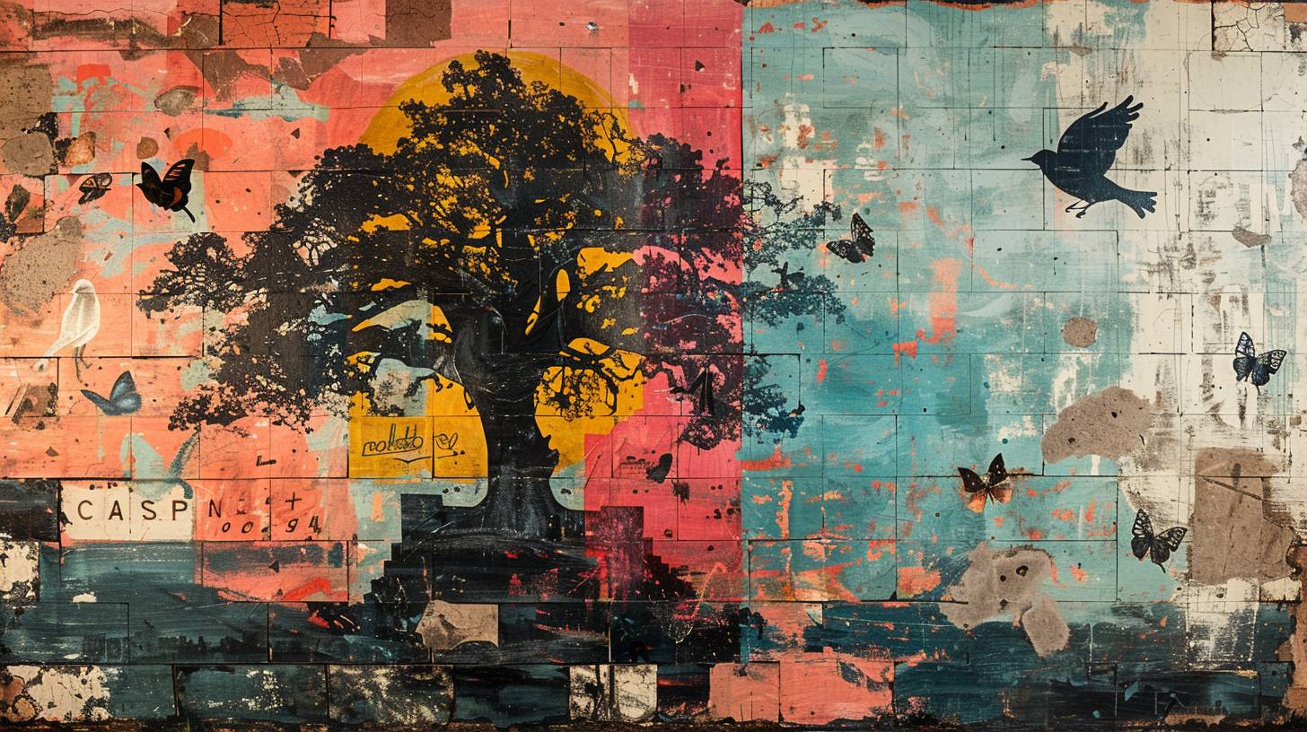 Abstract layered silkscreen print, a building mural depicting birds, butterflies, and other symbols of freedom and transformation flitting around a giant tree, fragmented and distorted rectangles, large letters stencil overlay, low contrast palette, rough texture, flat image