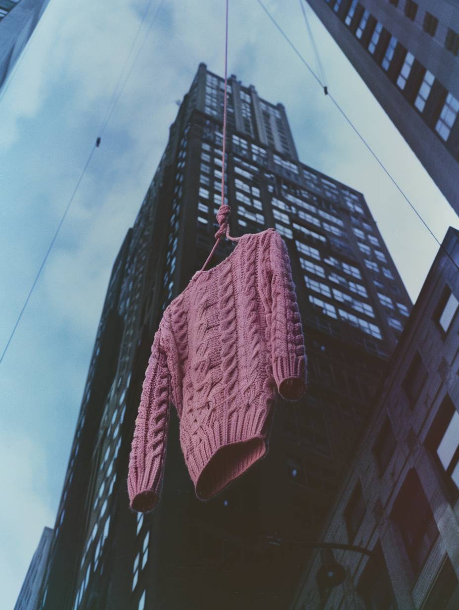 35mm photo, knitted woolen pink cardigan hanging from city skyscraper, vanishing point