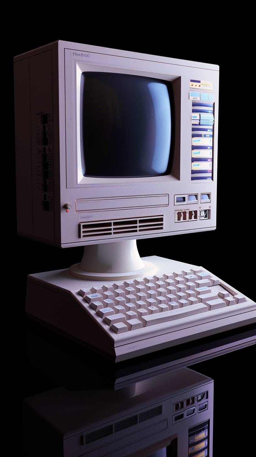 An old-school PC from the 90s with design software on it. A separated object viewed from the front on a black background.