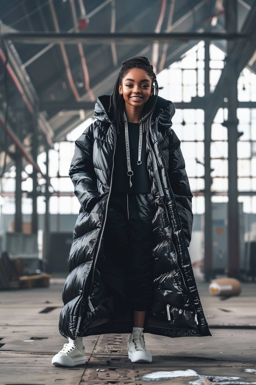 A model wearing an extremely long black puffer coat with hood, full body shot, oversized and boxy style for the jacket design, material exciting pattern in a style of stone island and white sneakers, She is smiling at the camera, background a wide open industrial futuristic interior, Sunny Daylight, editorial picture, hyper realistic.