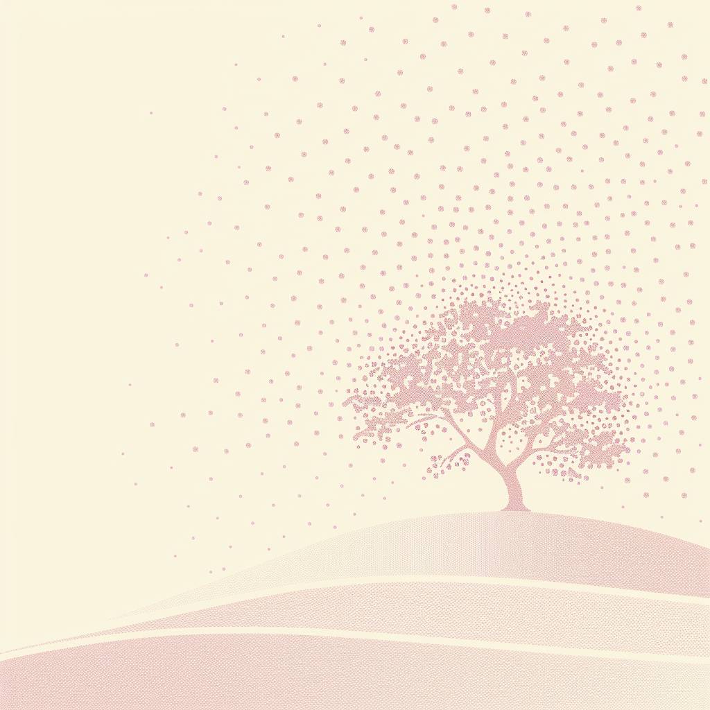 空白キャンバス上のベクターイラスト、[ピンクと白]のさまざまなサイズの蛍光ドットを使用し、[生命の木、起伏する丘]を形成し、ネガティブスペース
