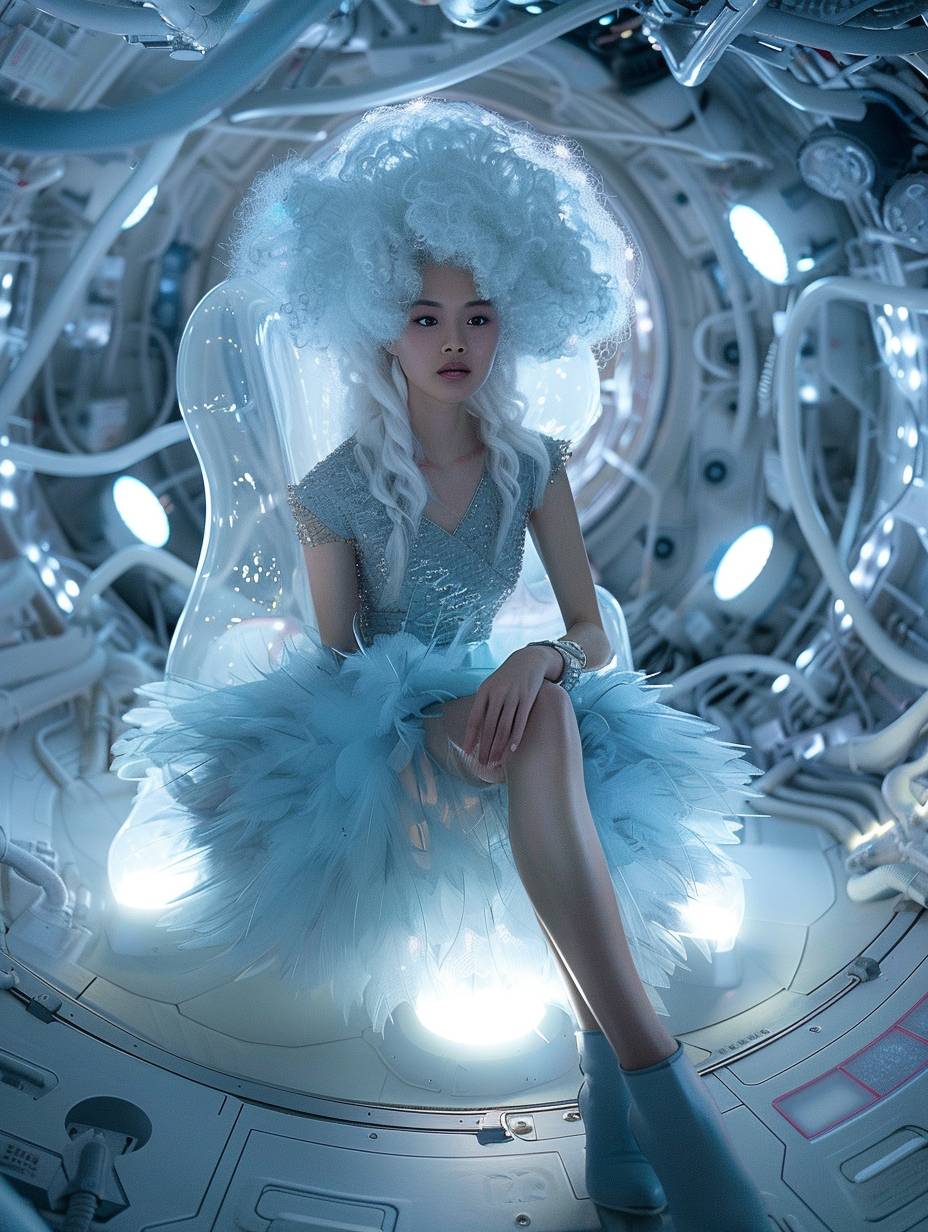 A photograph of an Asian woman with white hair, a puffy, curly, cloud-like hairstyle, wearing an ice blue dress and boots, inside a spaceship with intricate lighting.