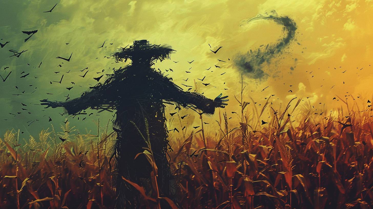 A creepy scarecrow in silhouette, folk horror style, in a cornfield, with a tornado approaching, limited color palette, tenebrism, strong visual flow