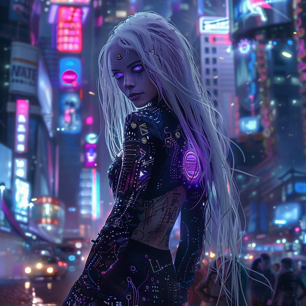 サイバーパンクの魔女、デジタル時代の現代魔女、賑やかな都市の風景の中で立っており、複雑なタトゥーと金属回路で飾られた体を持つ。白い長い髪は背中に流れ、彼女の透き通るような紫色の発光する目に反射している都市の明かりとは鮮烈なコントラストを形成している。彼女の衣装はハイファッションとサイバネティックな強化の組み合わせである。