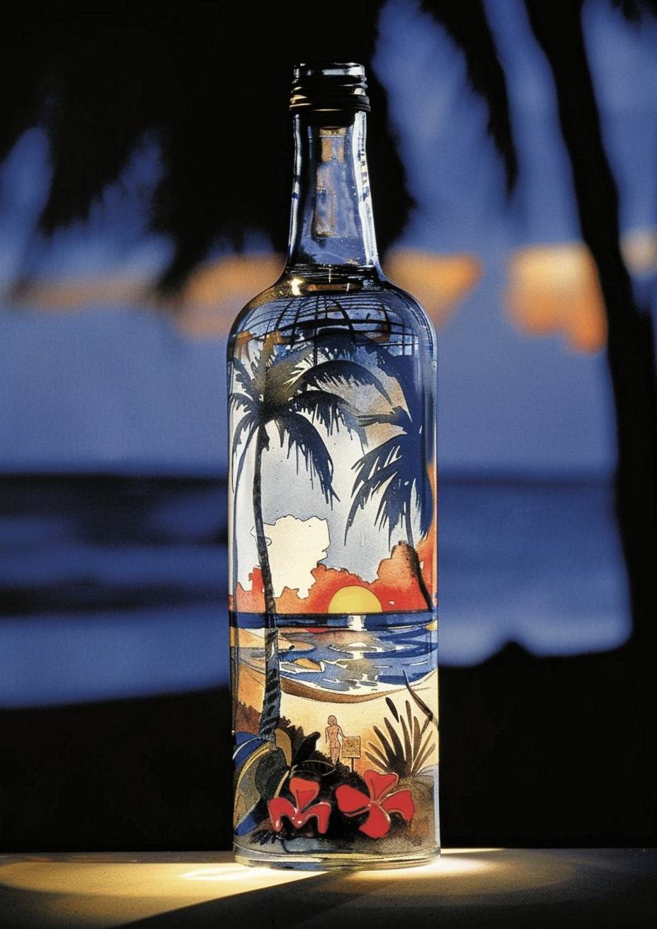 美しい水着モデルがいる熱帯ビーチを含むボトル、デジタル加工された画像のスタイル、輝く放射状の色彩、強い視覚的な流れ--ar 5:7 --sref 525600 --stylize 250 --v 6.0