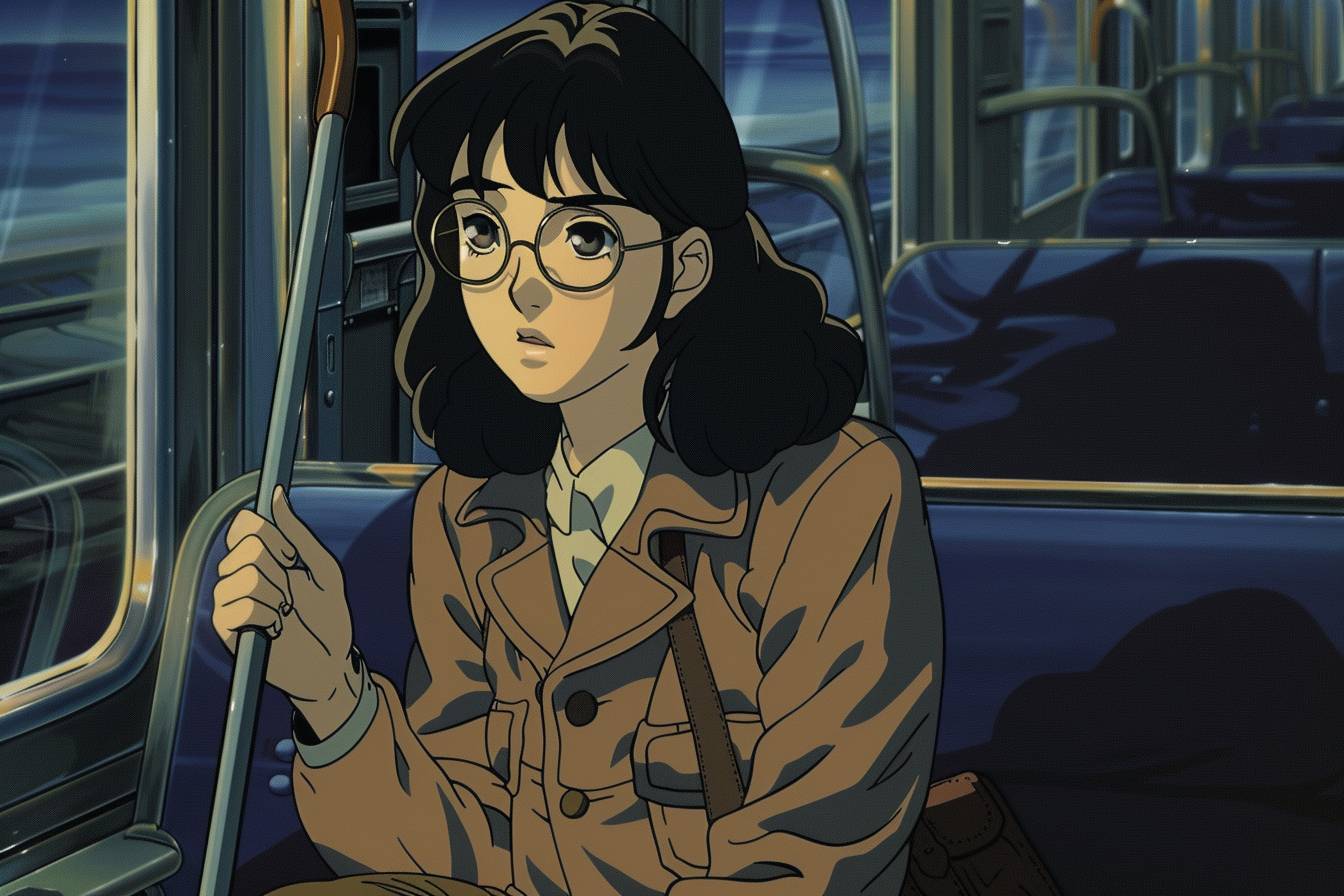 眼鏡をかけた黒い髪のふさふさした若い女性が、杖を持ち、電車の椅子に座っています。ジブリスタイル