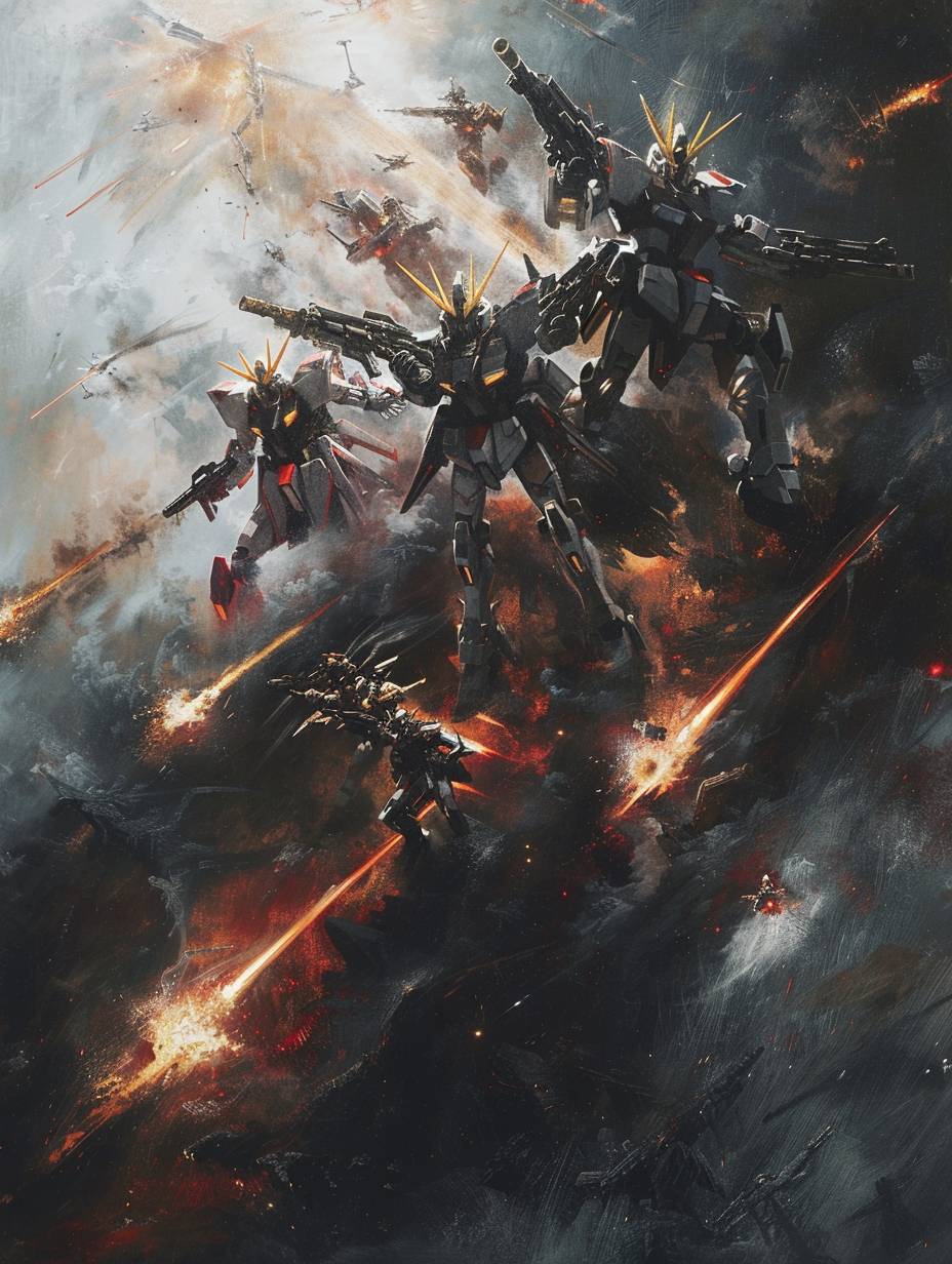 A team of Gundams are in a big battle, in the style of black paintings, dark White and red, hyper-realistic, dark black and gold, close-up intensity
