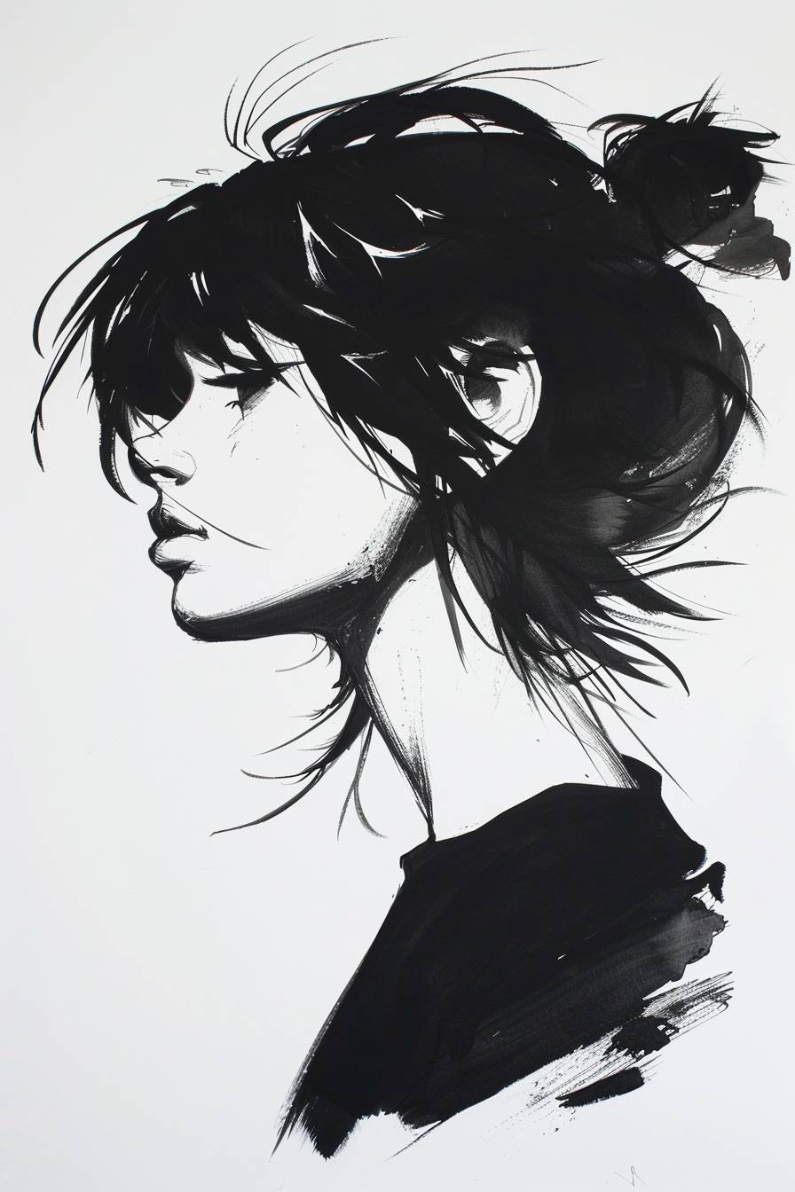 Character in the style of Ilya Kuvshinov, ink art, side view