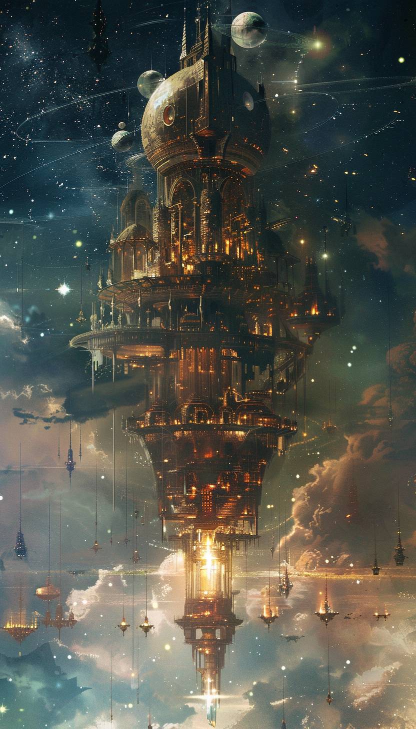 In the style of Akihiko Yoshida, a celestial city floating among the stars