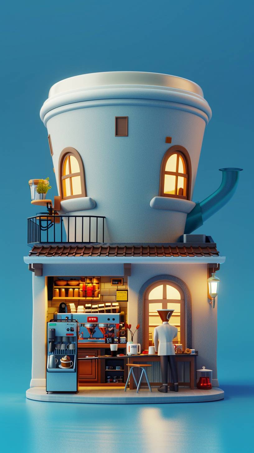 A paper cup-shaped building with a two-story coffee shop, a coffee machine on a workbench, and a busy clerk. C4D modeling, UHD, high detail, high quality, white and blue background --ar 9:16  --v 6.0