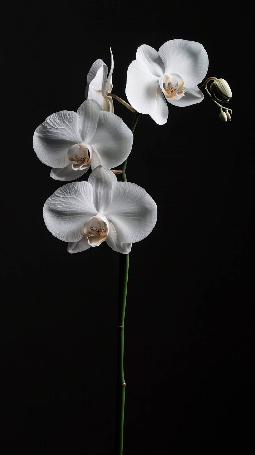 Hyper realistic, ultra detailed white single orchid on a black background