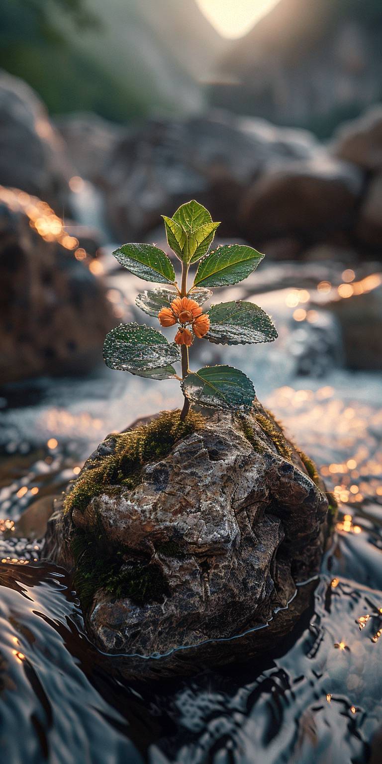 A small plant grows on the edge of an old stone, surrounded by flowing water. The macro photography captures the romantic style with soft tones, a blurred background, and blurred foreground creating a depth of field effect. The high definition photography shows exquisite details with high resolution. The camera focuses on one leaf to highlight its texture and shape. A few flowers bloom in front of it, adding beauty and vitality in the style of romantic photography.