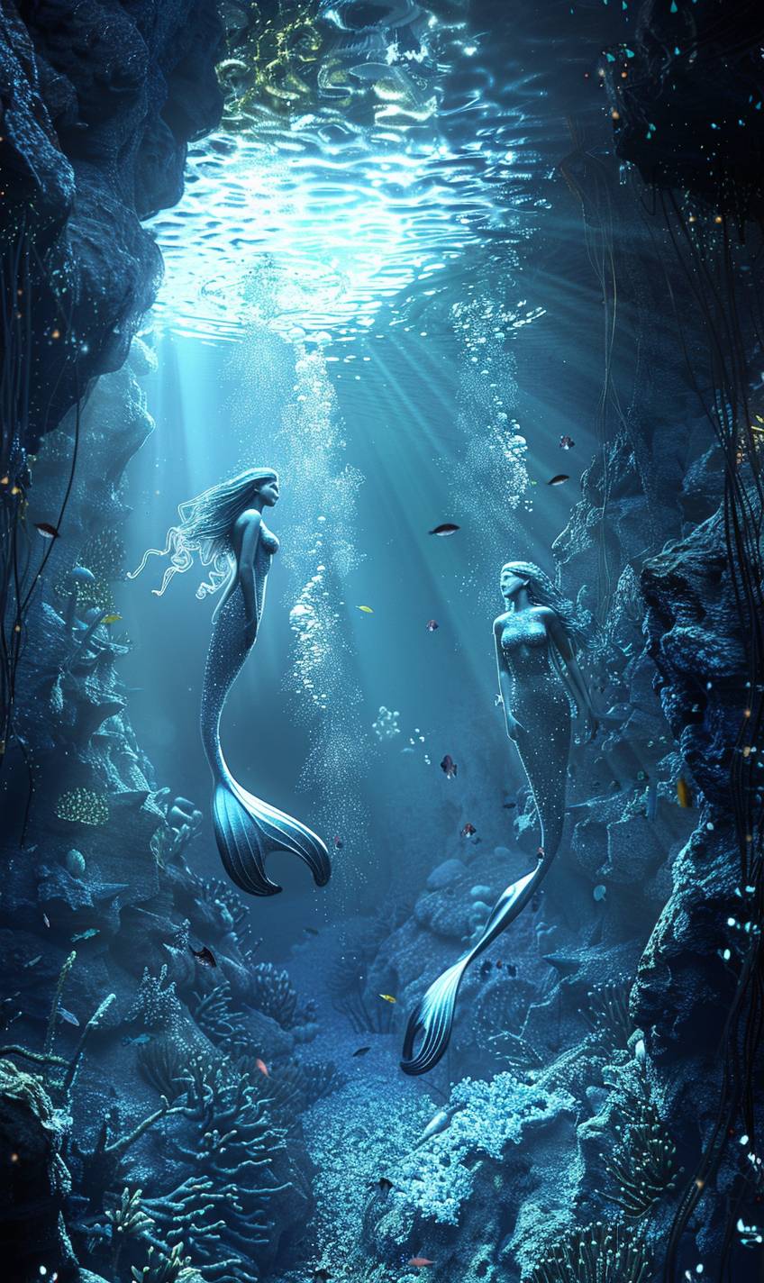 In the style of Miyamoto Musashi, an underwater grotto with shimmering mermaids --ar 3:5 --v 6.0