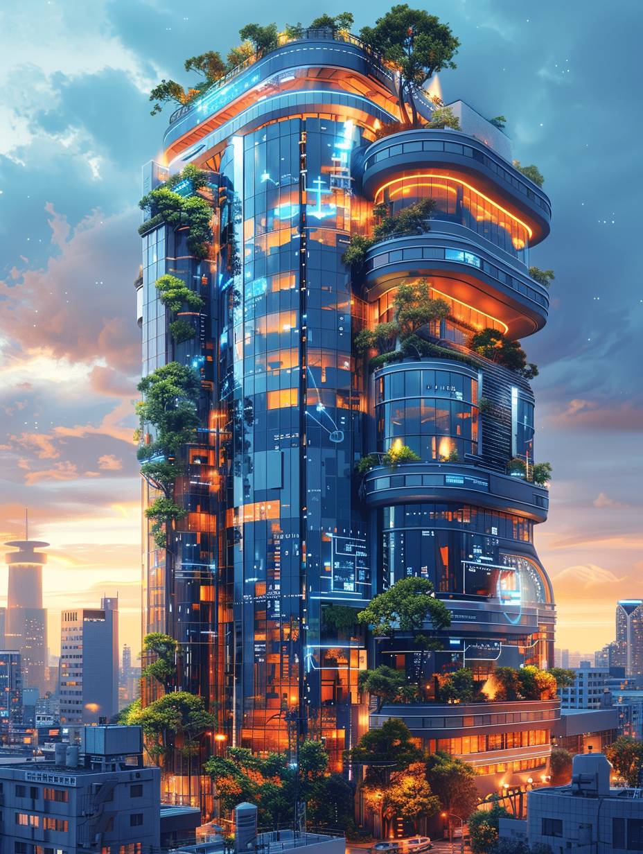 This futuristic urban building is designed for modern urban living, with isometric style, micro-lighting, scientific charts, and ultra-high-definition images on a white background.