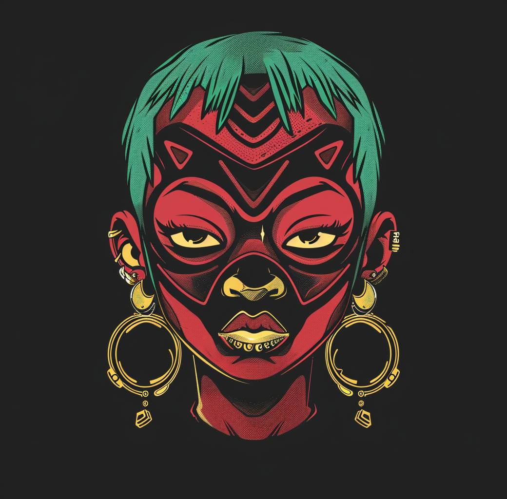 A cartoon character with short green hair and gold earrings wearing an African mask, against a dark background, a portrait of the face in the front view, with a dark red skin tone, in the style of 2d game art, in the golden age illustration style, with a symmetrical composition, bold lines, on a black background, like a vintage comic book poster.