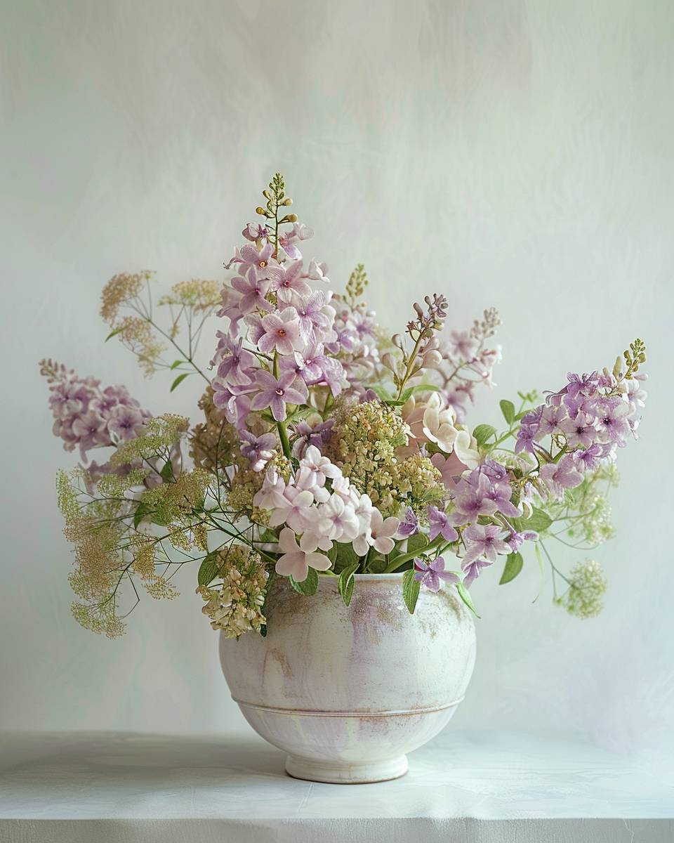 紫色と緑色の鮮やかな色調を基調とした花の静物写真、kt merry、medardo rosso撮影、繊細なテクスチャ、ミニマリストな白い背景、金色の色合い、Andrea mantegna、vrayトレース
