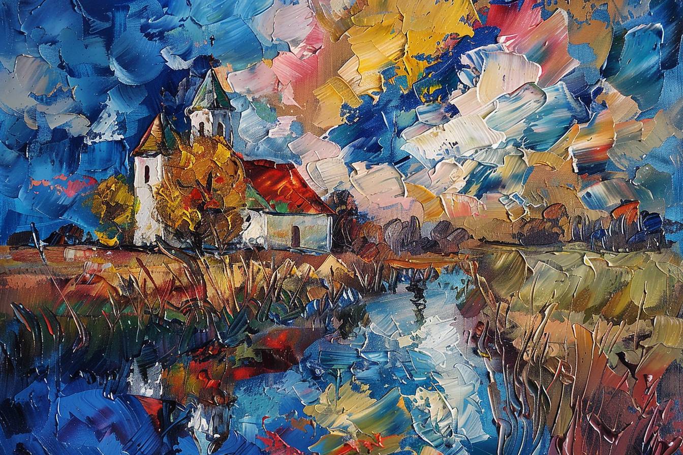 In the style of Vincent van Gogh, stunning natural landscape, church