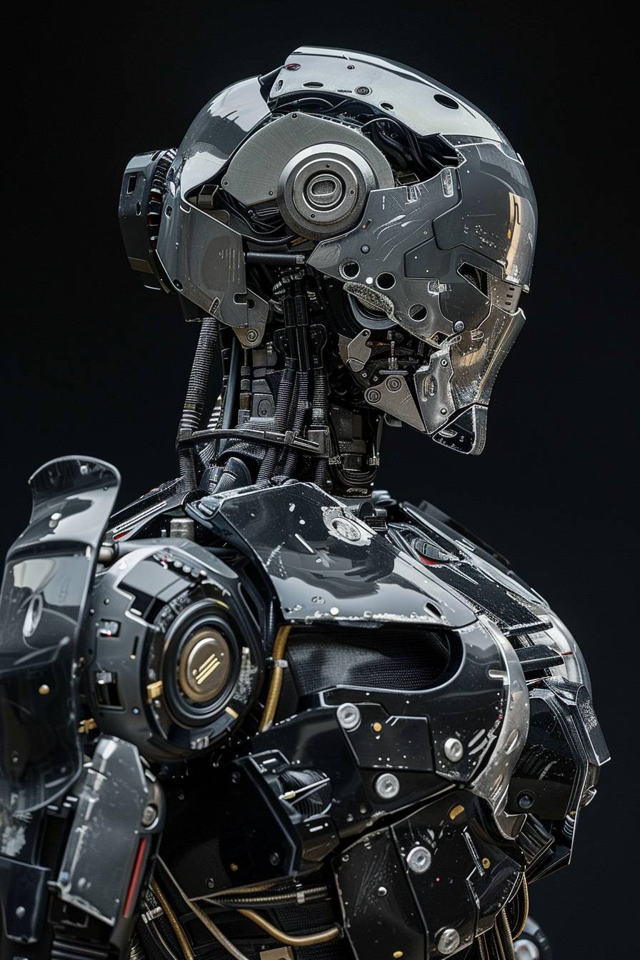 Portrait of a battle-hardened robot warrior with [COLOR] and black reflective armor, standing against a plain black background, intricate details and advanced technology.