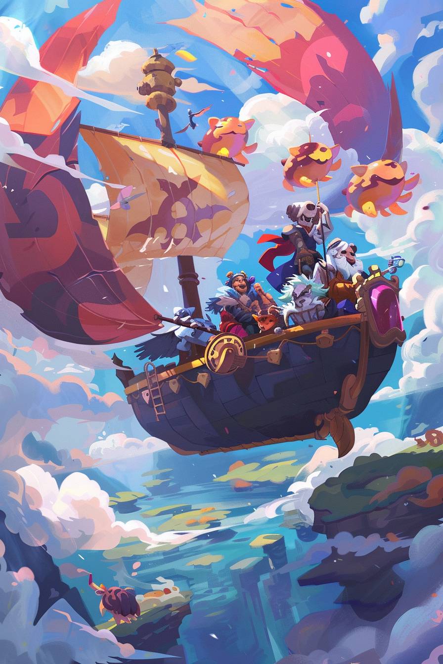 A whimsical steampunk airship sailing through a sky filled with floating islands, surrounded by curious mechanical creatures and vibrant clouds.