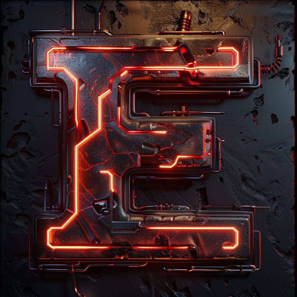 E letter, leather, made from leather, cyberpunk style, surrounded by dark black background, made from neon lights, black background