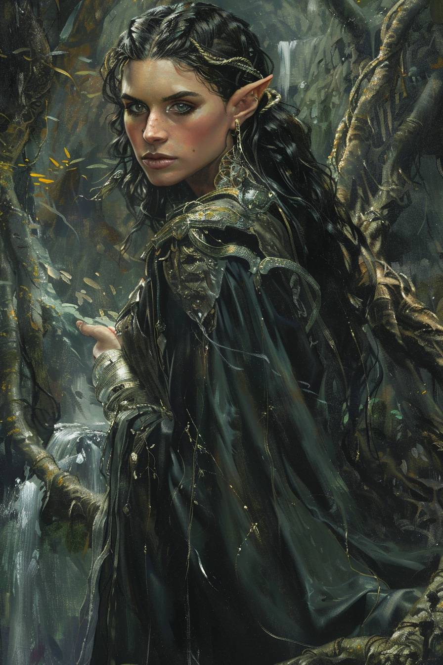 Female elf, looking at viewer, flowing clothes and silver armor, in the silent forest, mysterious fantasy art, Donato Giancola, Craig Mullins, Parth, masterful strokes, legendary