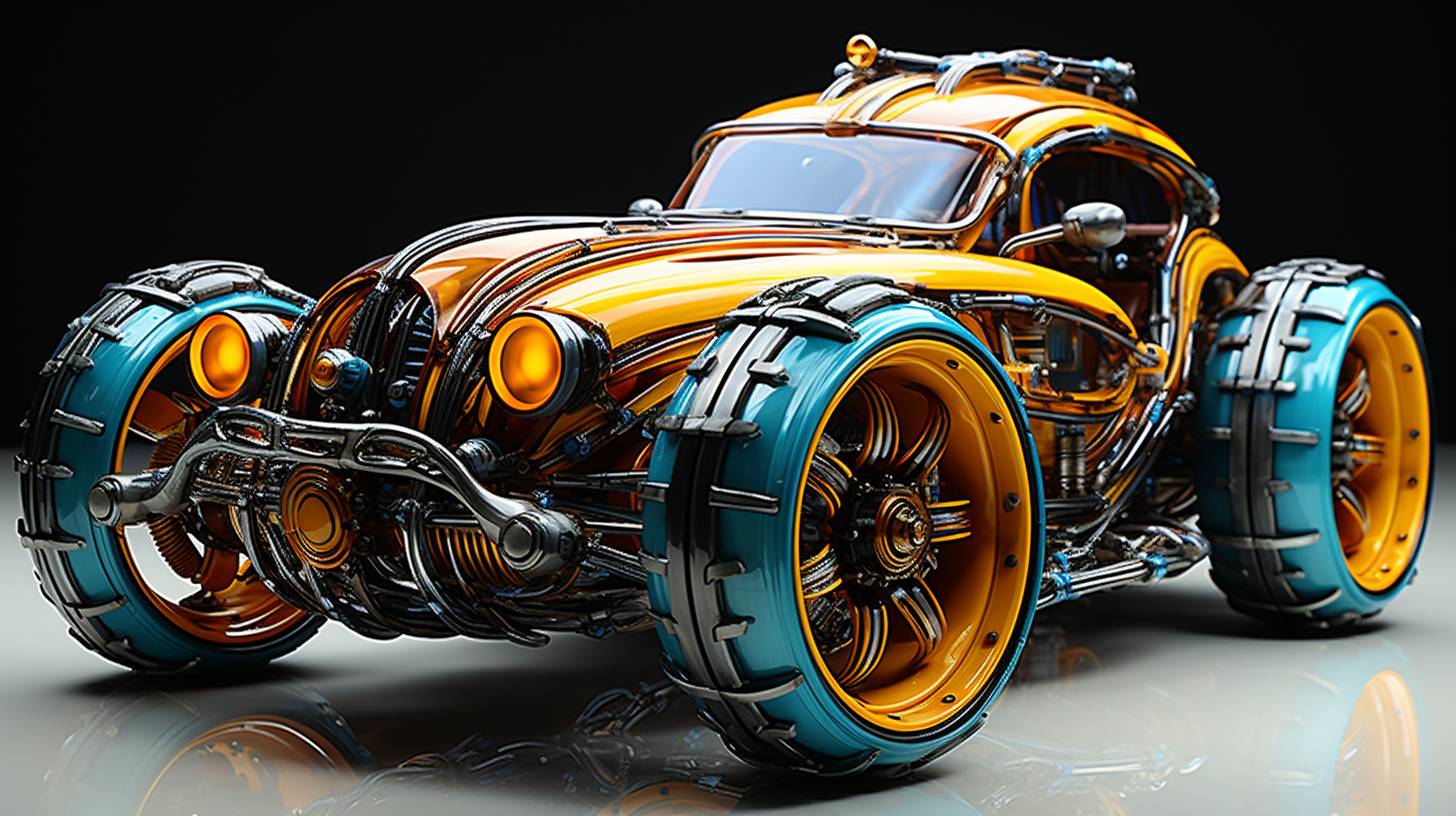 Fun art, colorful futuristic luxury glass-made farming machinery car and sports car and travel car, using steampunk warcraft art, extreme caricature art, Ferrofluid art