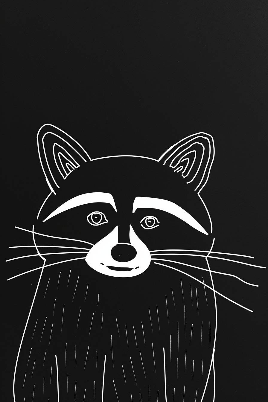 Create a very basic, minimalist white single-line drawing of a cartoon raccoon against an all-black background --ar 2:3 --v 6.0