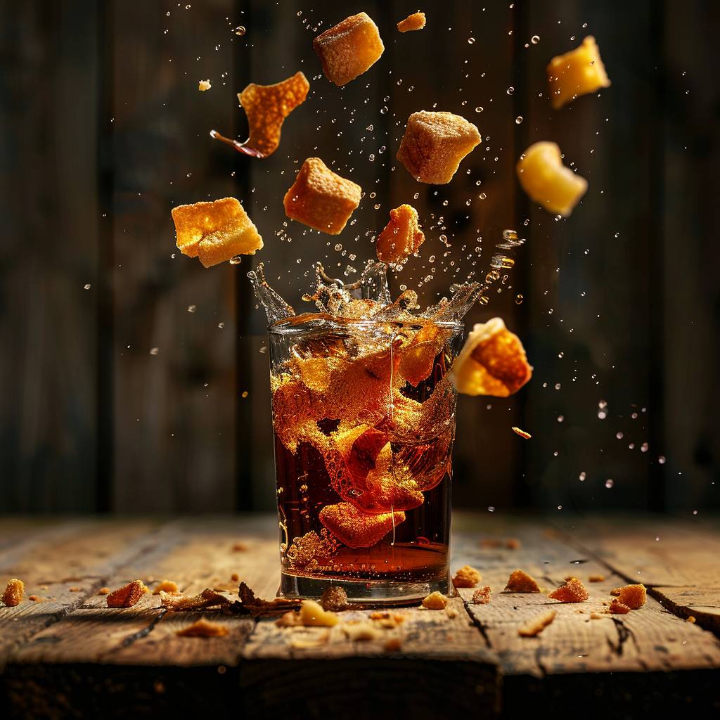 Advertisement photography, flying pieces of [subject], [drink] on a wooden table, studio lighting, food photography, [background], high quality, space for writing.