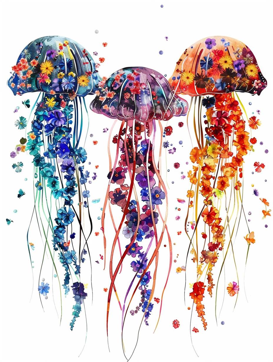 Silhouette jellyfish made of flower watercolors, Mandela, vector, t-shirt design, vintage, vivid colors, detailed, contour, white background
