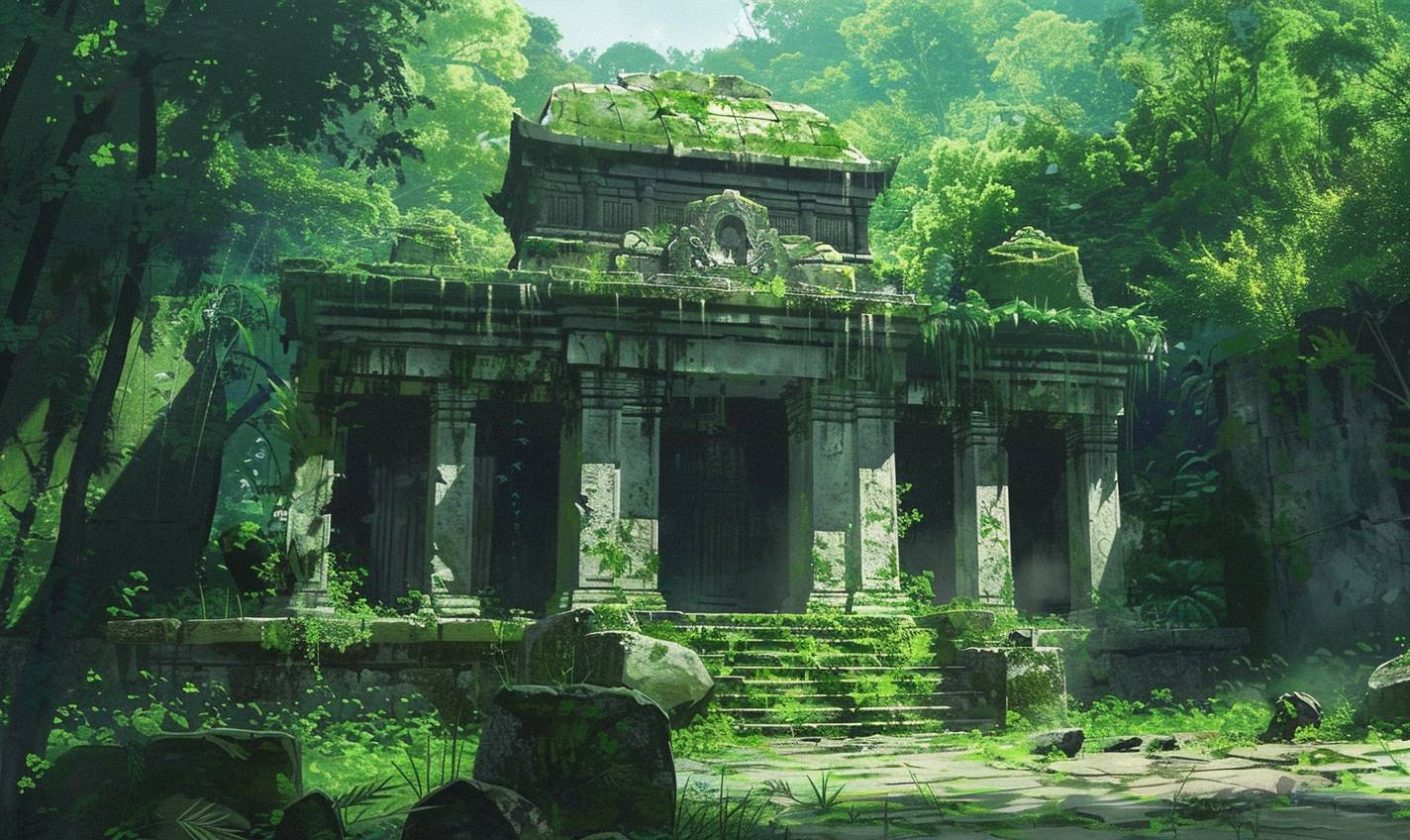 Forgotten temple hidden in the jungle in the style of Eiichiro Oda