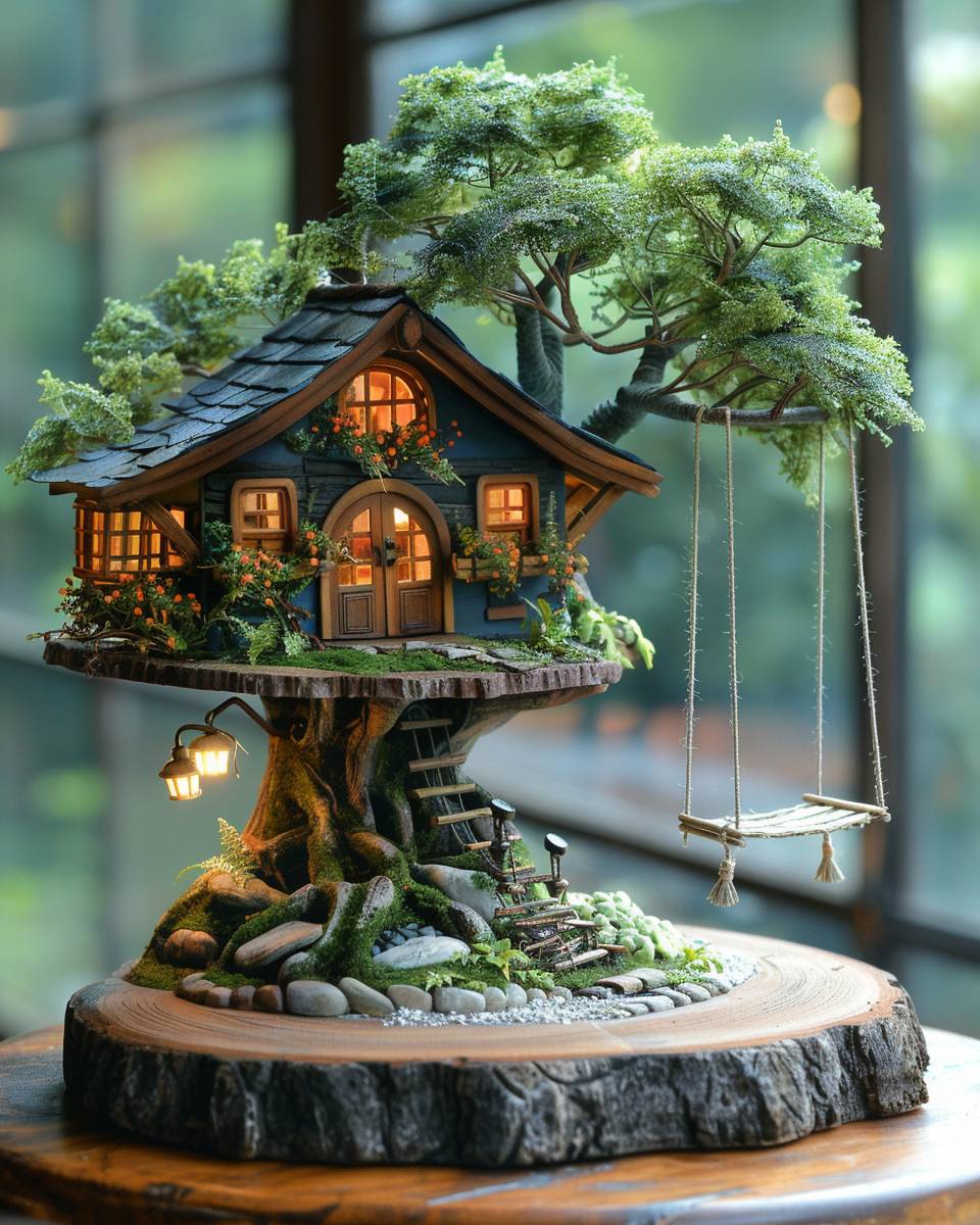 Miniature treehouse diorama on a wooden base, featuring a tiny rope ladder, swing, and lush tree canopy. Dappled sunlight filters through the leaves, creating playful shadows.