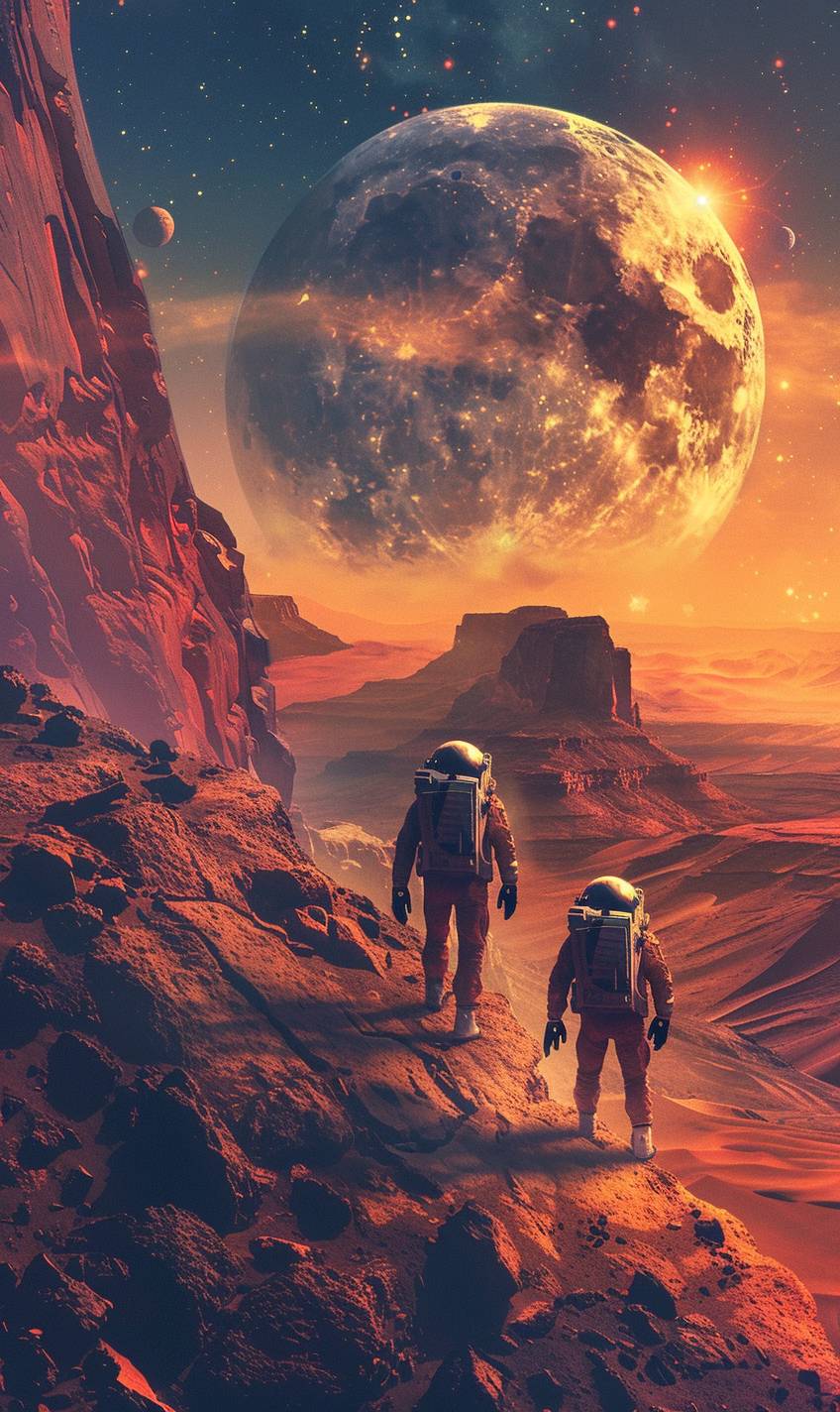 Astronauts on Mars, red alien landscape, massive sunset, giant planets in sky, steep rock formations, reflective visors, space exploration, high contrast, digital art, vivid colors, long shadows, solitary, serene, hyper-realistic watercolor painting, graphic novel style