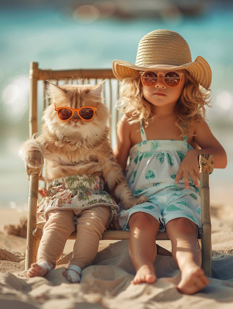 A cute female baby in beach pants and an anthropomorphic cat in a skirt, sitting on a chair, clean background, bright colors, cat wearing sun hat, sunglasses, seaside, beach, rich details, blurred background, distant view, 8k, front view