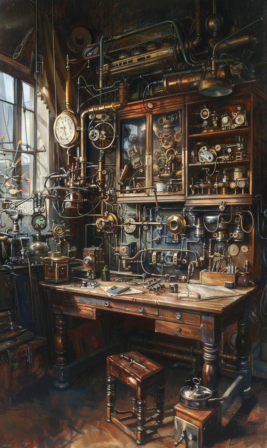 In style of William Russell Flint, Steampunk inventor's workshop filled with gadgets