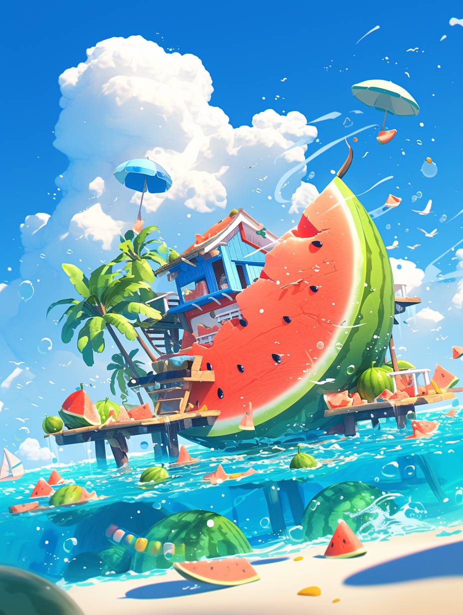 3D illustration of a watermelon house floating on the sea, blue sky and white clouds, cute cartoon design, watermelons scattered around, fantasy landscape background, Asian painting style, Pixar style, soft shading, emotive fields of color, Minimalist style, ethereal landscapes, red and yellow, lovecore style, elegant brushes