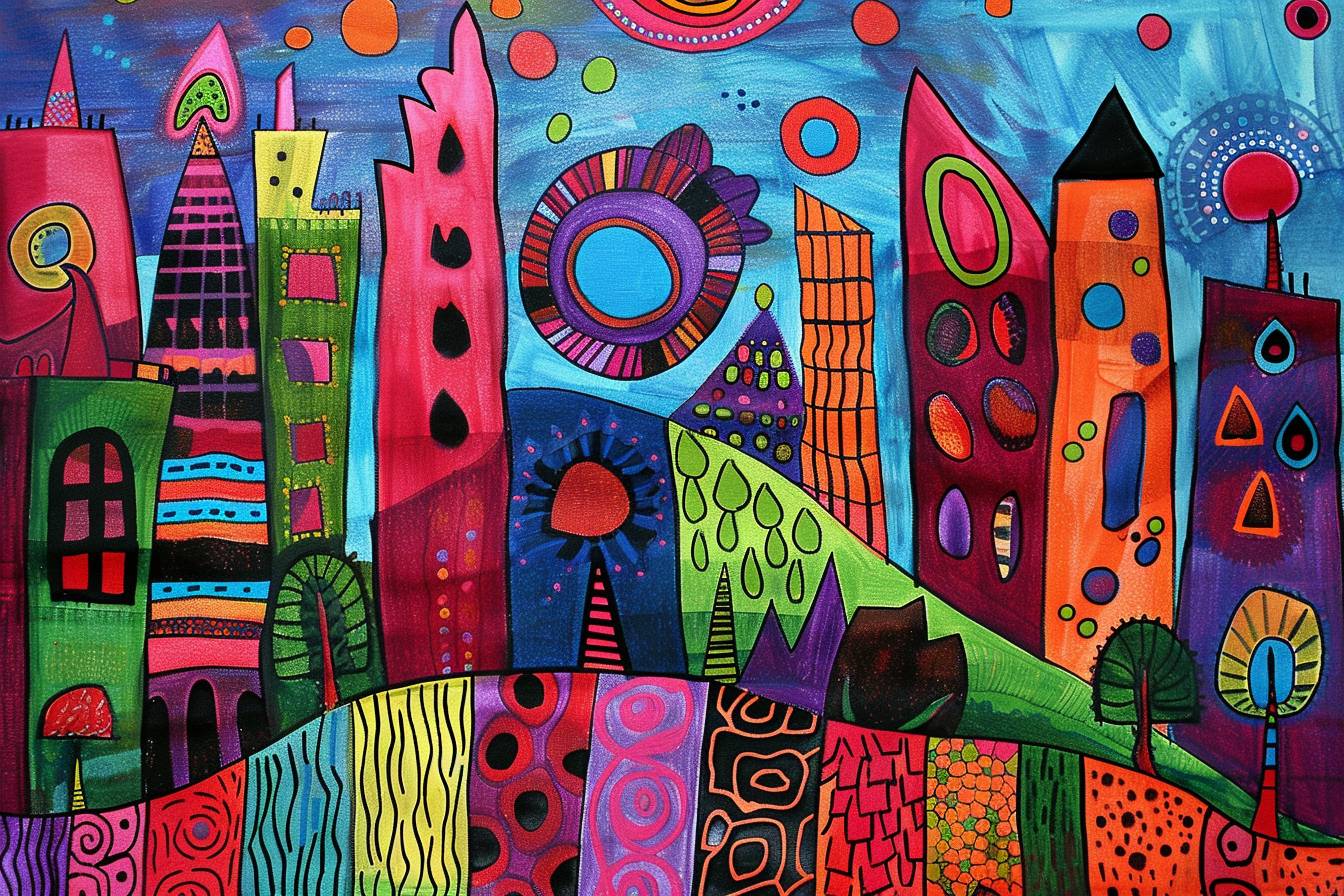 In the style of Laurel Burch, city landscape