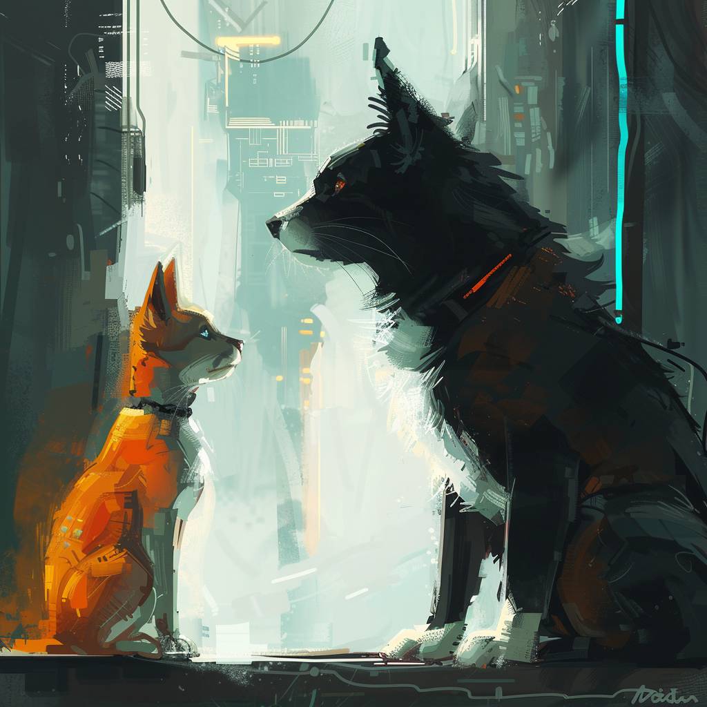 A cat and a dog made in the style of Sparth