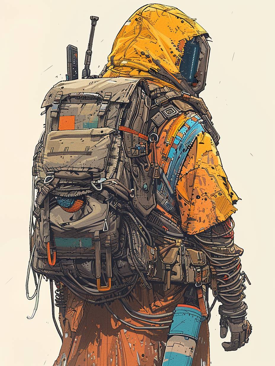 Concept art for a cyberpunk shaman wearing a cowboy hat. Over his shoulder he carries a rugged army backpack. His clothes and the backpack are patched with patterns of traditional Dakota textile designs.