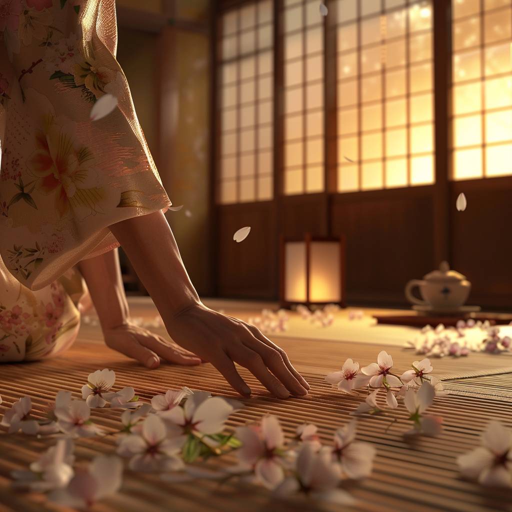 A woman dressed in a kimono is arranging flowers. Delicate hands. Cherry blossoms. Traditional Japanese room. Morning scene. Tatami mats, sliding doors, a tea set nearby. Close-up shot of hands and flowers. Soft light filtering through rice paper doors, petals falling in slow motion. Photorealistic details.