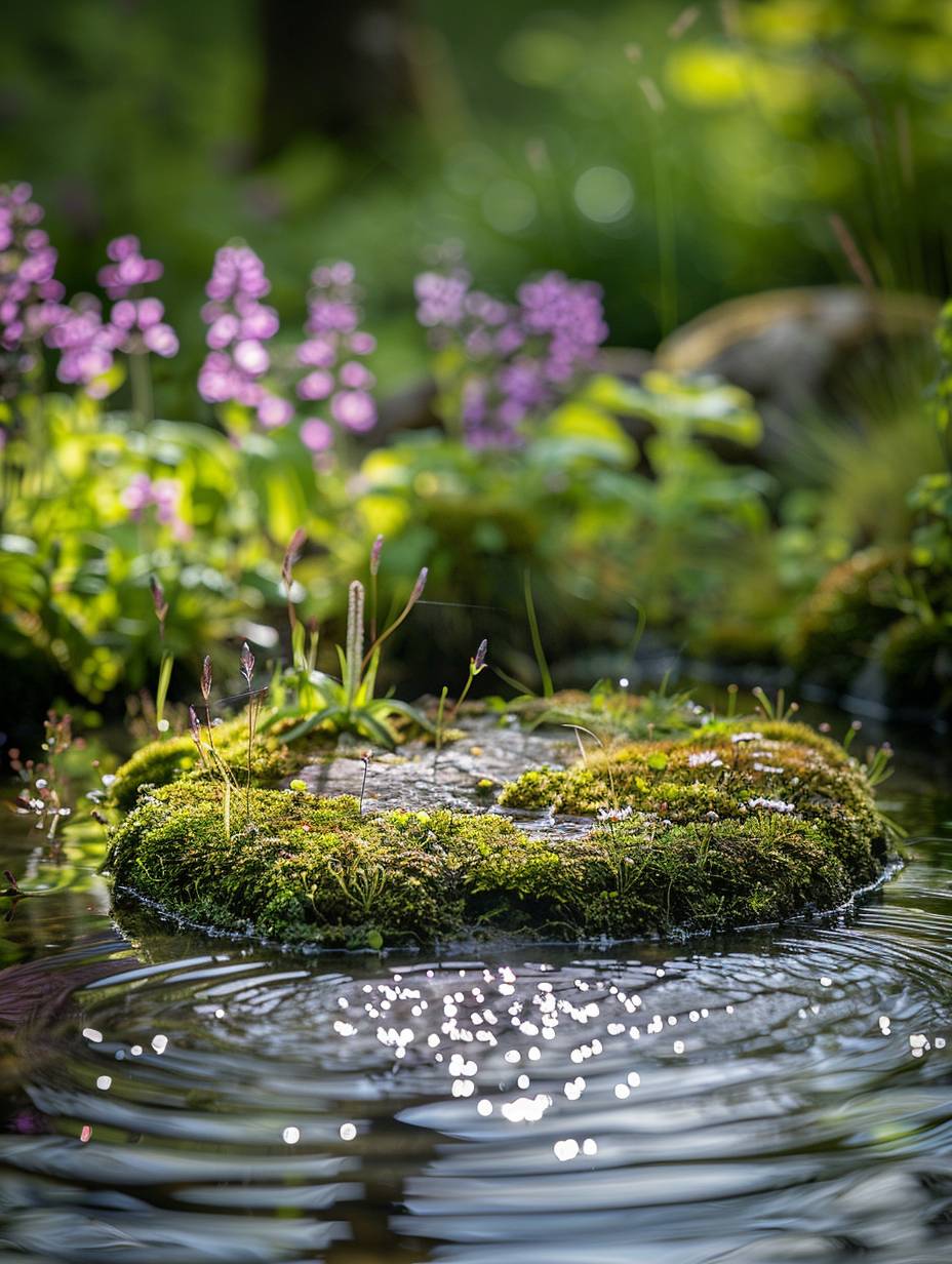 In an outdoor photography setting, there is a shallow mossy rock in a pond with ripples, surrounded by herbal plants and flowers. Sunlight streams down onto the scene. The herbs include thyme, milk thistle, sage, echinacea, elderberry, cramp bark, valerian, and lemon. The depth of field can be adjusted. There is a mossy flat rock spot in the center.