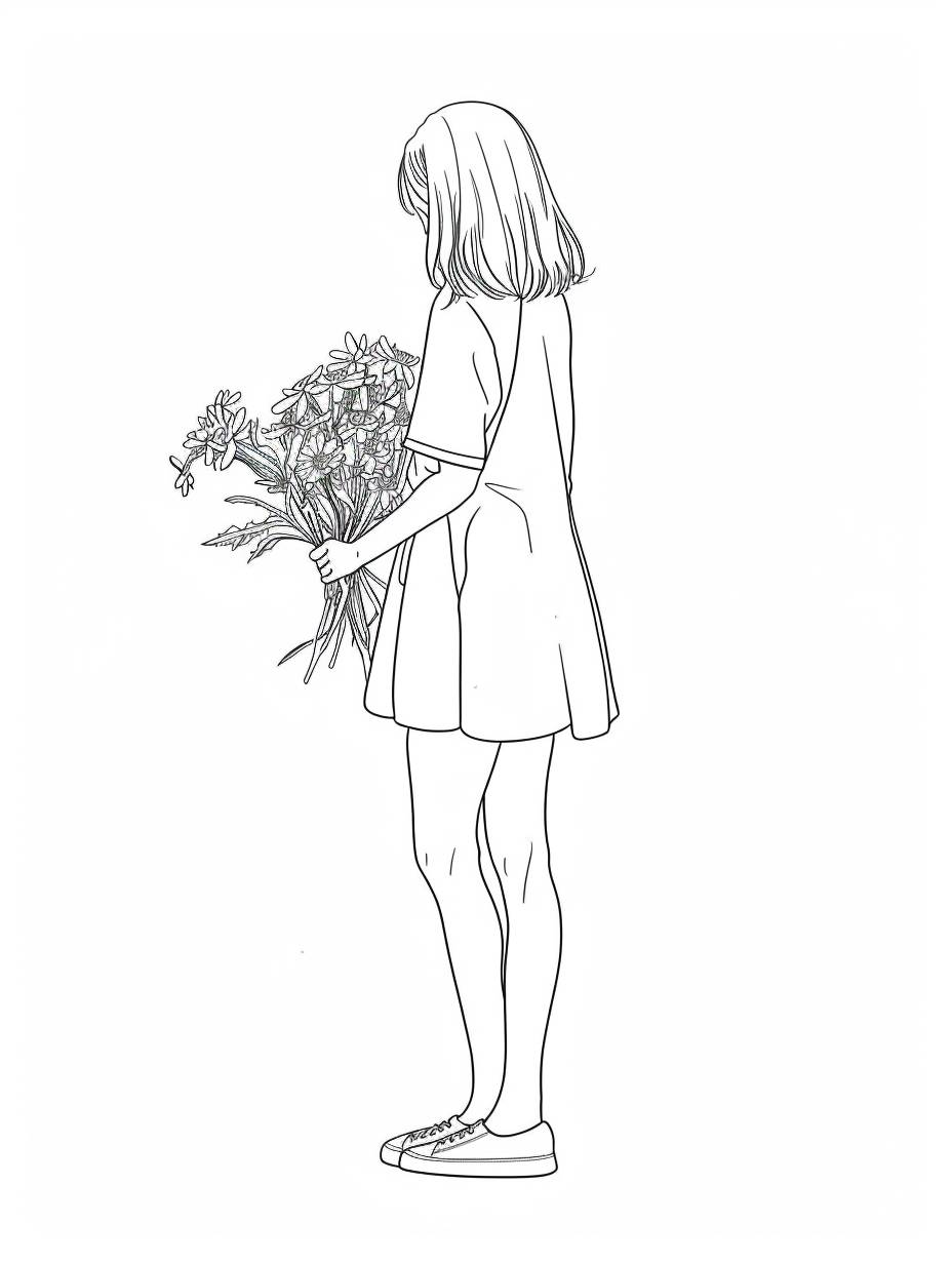 A girl with long legs holding a bunch of flowers, simple line art