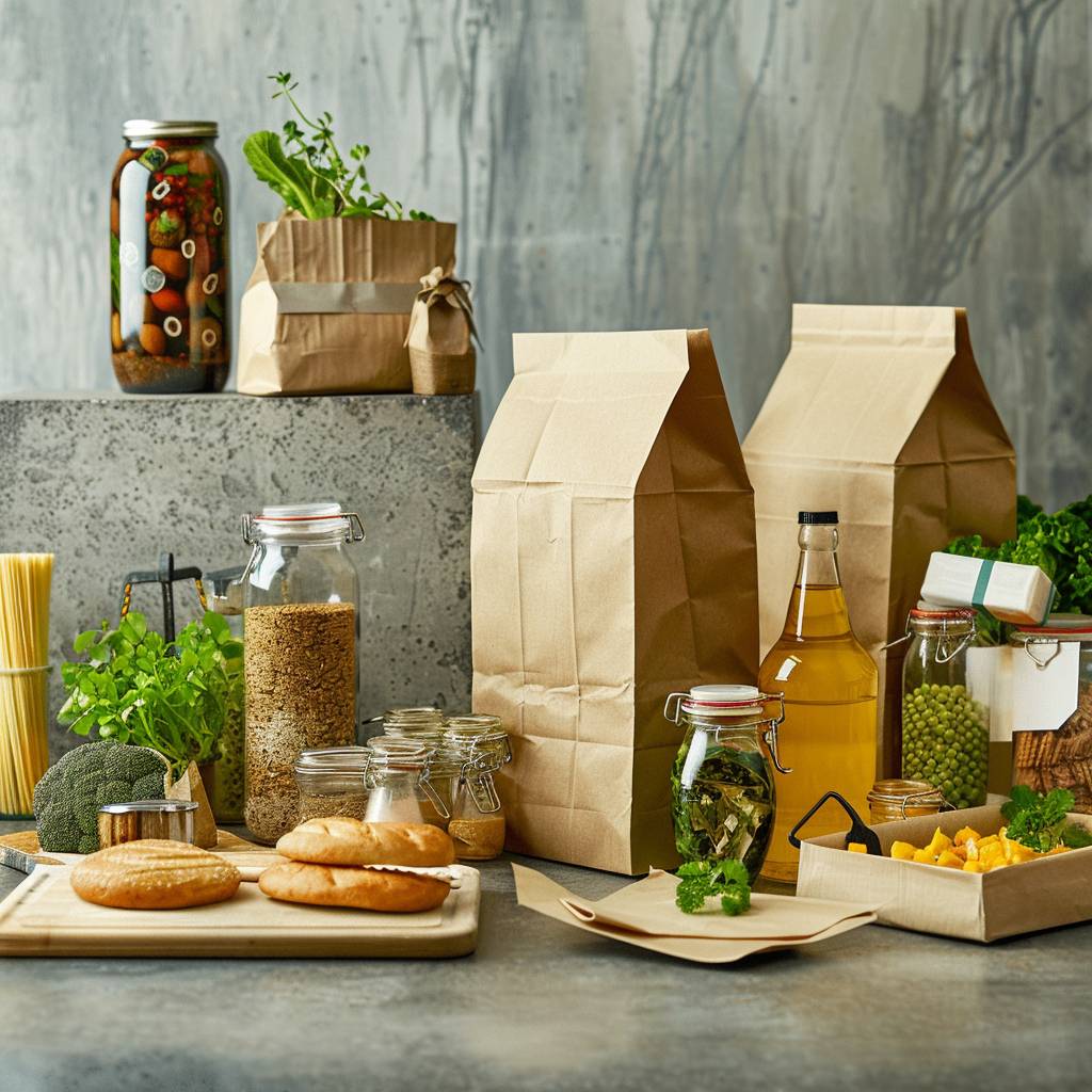 A variety of eco-friendly products such as paper bags, recycled bottles, and organic food