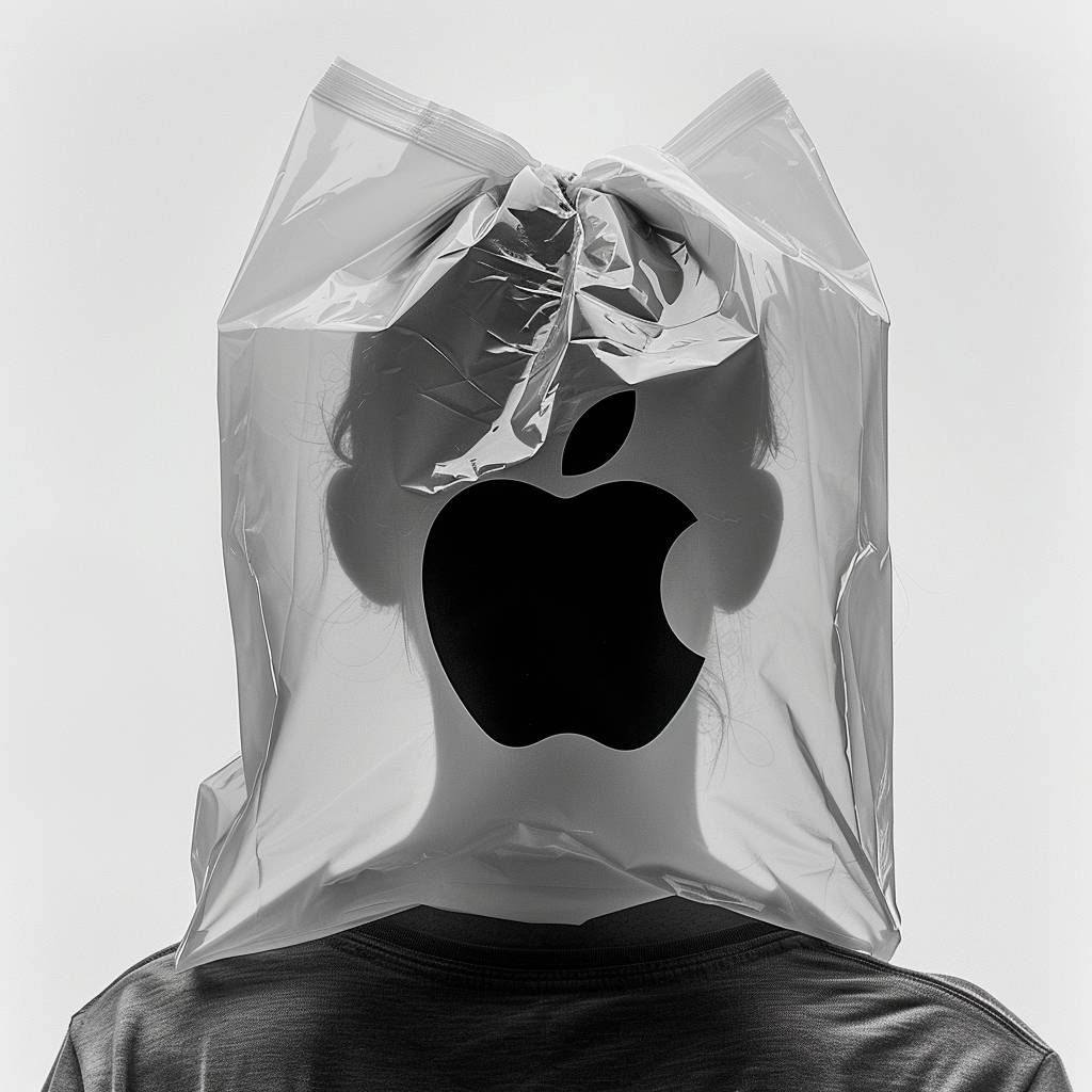 Top down photograph of a flat plastic shopping bag over a head of a woman with apple logo, black and white color palette, pure white background