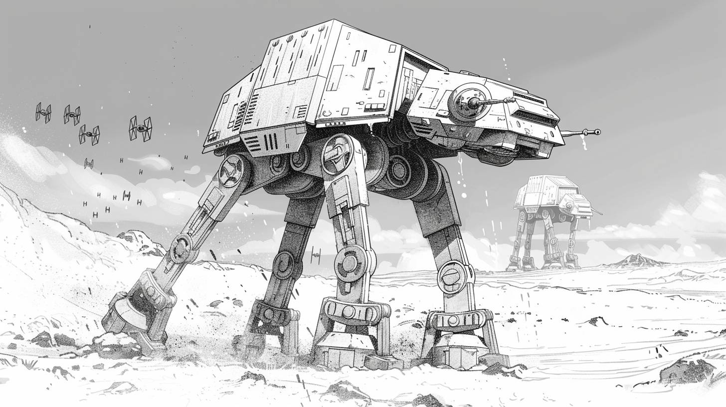 Line art with solid coloring of AT-AT on Hoth in the snow, dynamic action by Moebius and Syd Mead