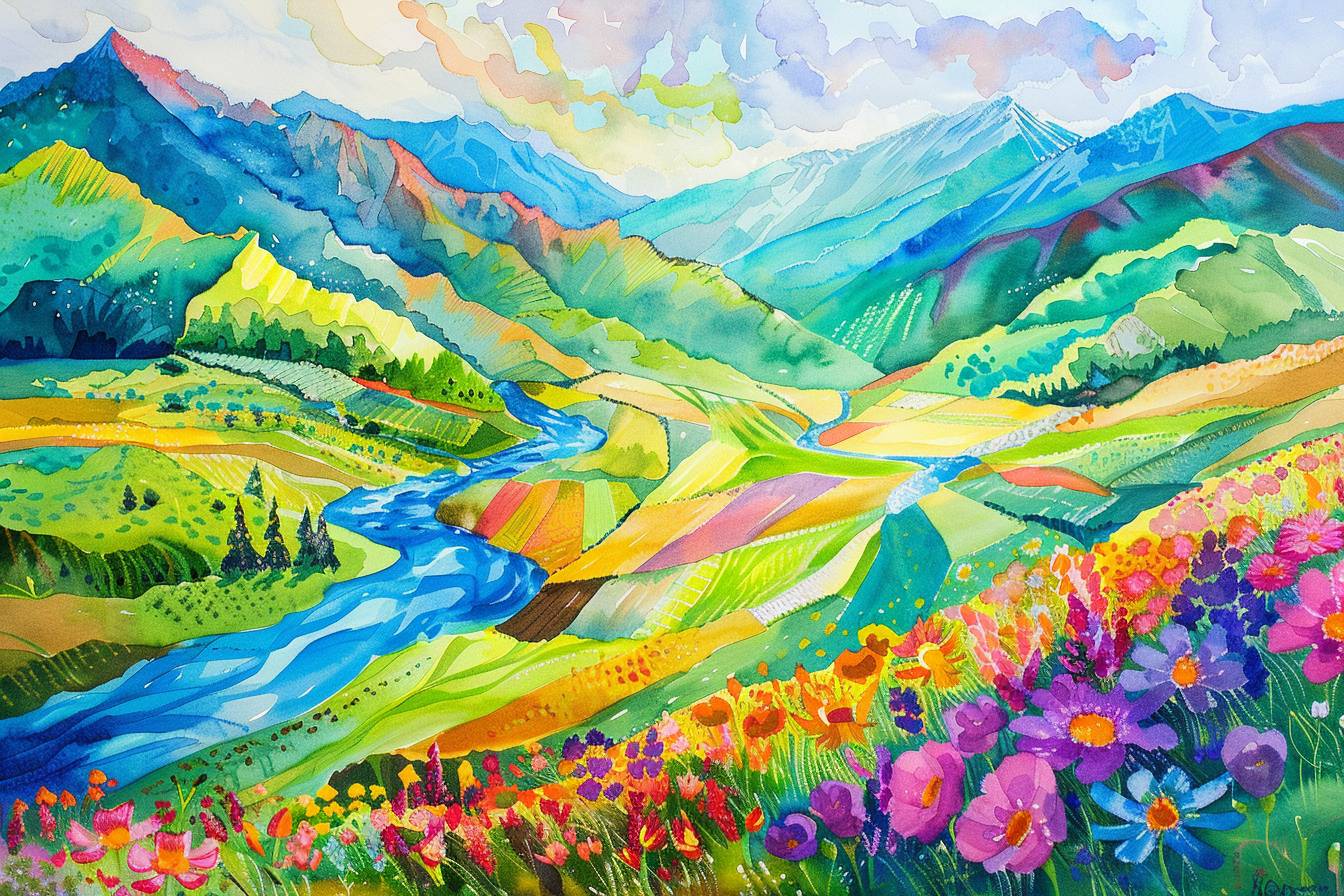 A colourful aquarell painting showing mountains, rivers, flowers, fields, trees in popping colours