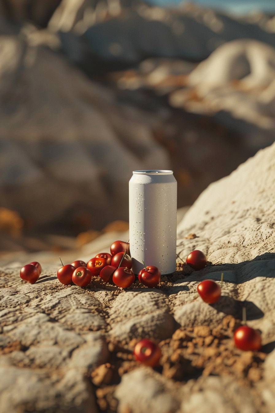 A white soda can mockup on a big crater from Mars, cherries, toy-like proportions, pale background