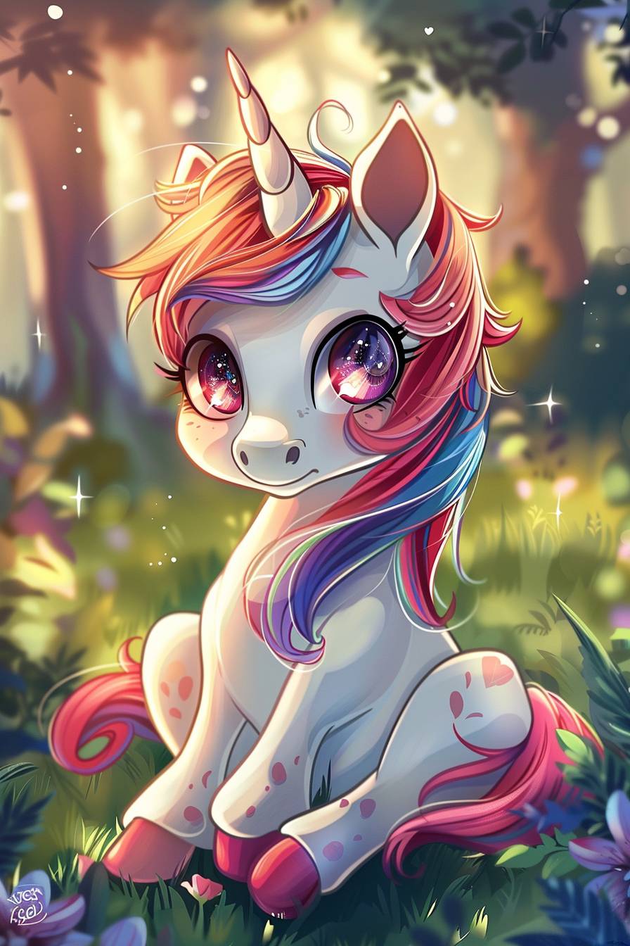 Chibi style, magical unicorn in the style of, cute background, 2D game art, high resolution, in focus