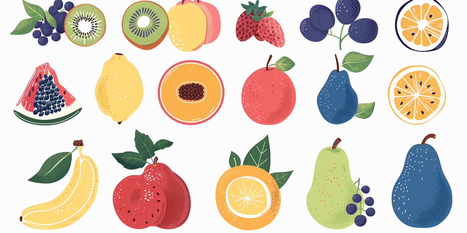 Vector graphic of various fruits, white background with blue highlights, simple flat design, no shadows, vector art style, simple shapes, no gradients, simple color scheme